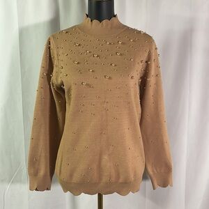 On Twelfth Tan Pearl Embellished Long Sleeve Scalloped Mock Neck Sweater